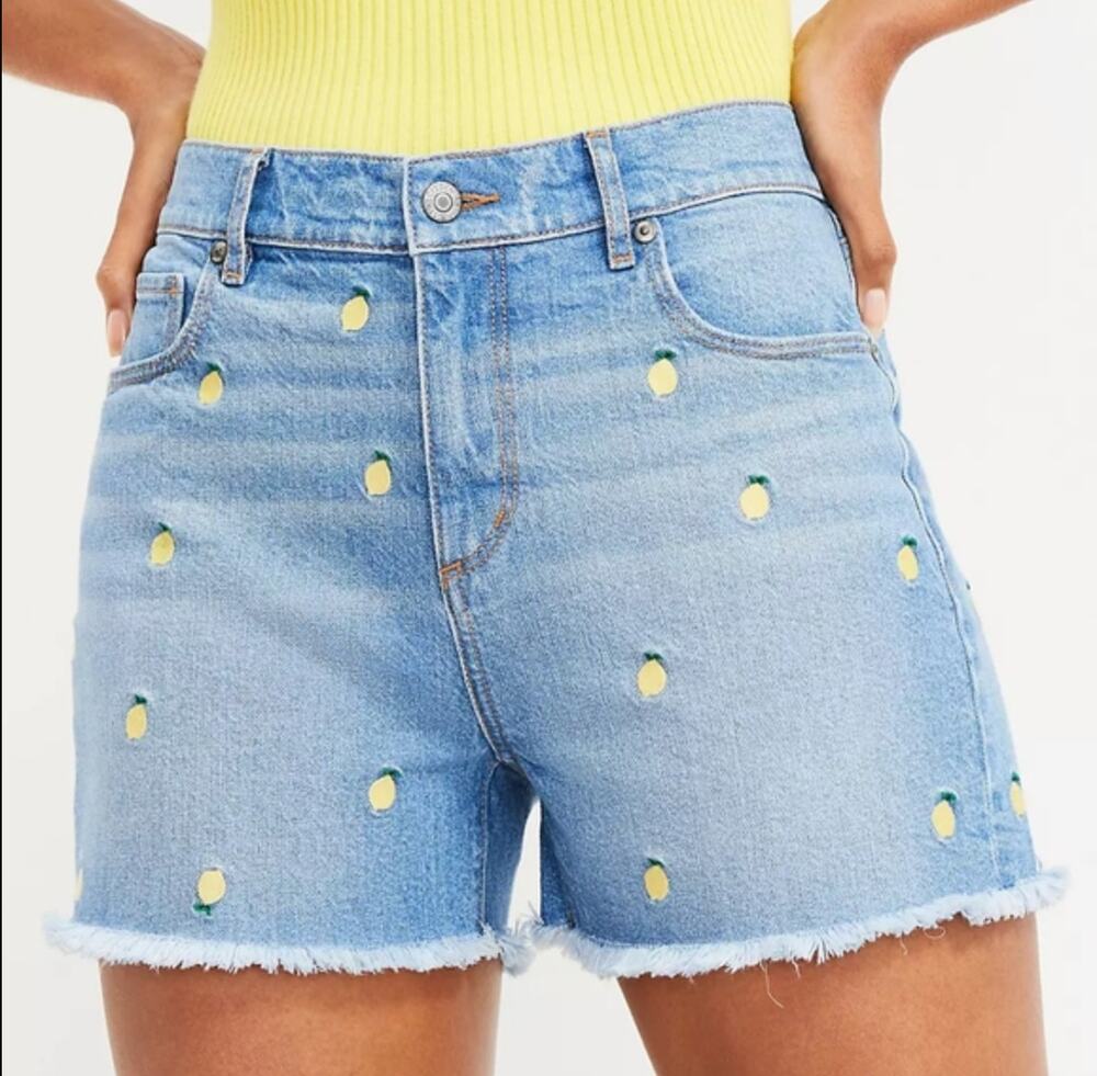 LOFT Lemon Print Embroidered High Waisted Jean Denim Cutoff Shorts Blue 25